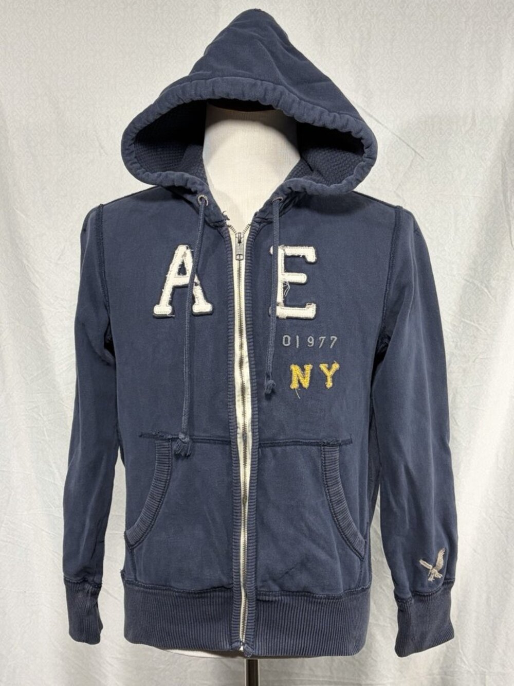Vintage Y2K American Eagle Hoodie Mens Medium Blue Fleece Full Zip AE NY Graphic
